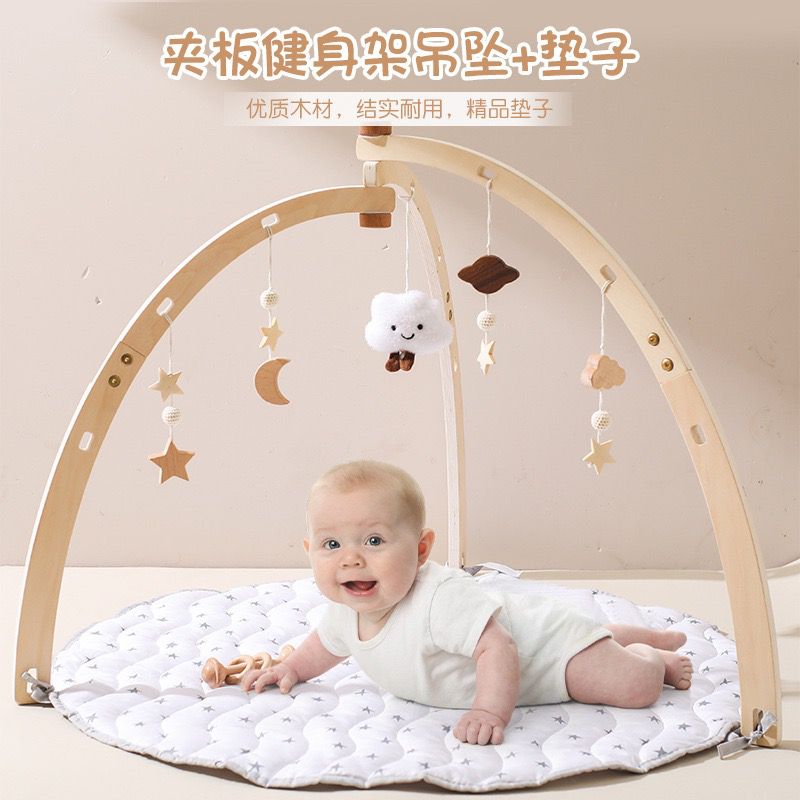 Wooden Baby Gym with 5 hanging toys,washable mat,foldable baby rack,
