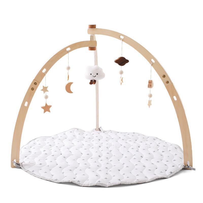 Wooden Baby Gym with 5 hanging toys,washable mat,foldable baby rack,
