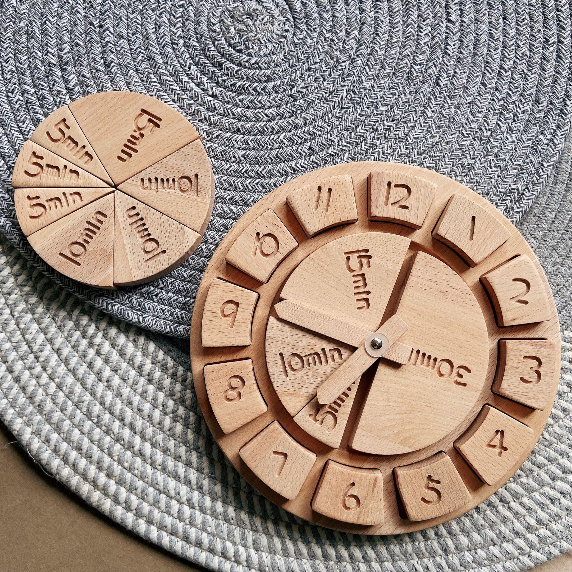 Toy wooden clock- hour/minutes/