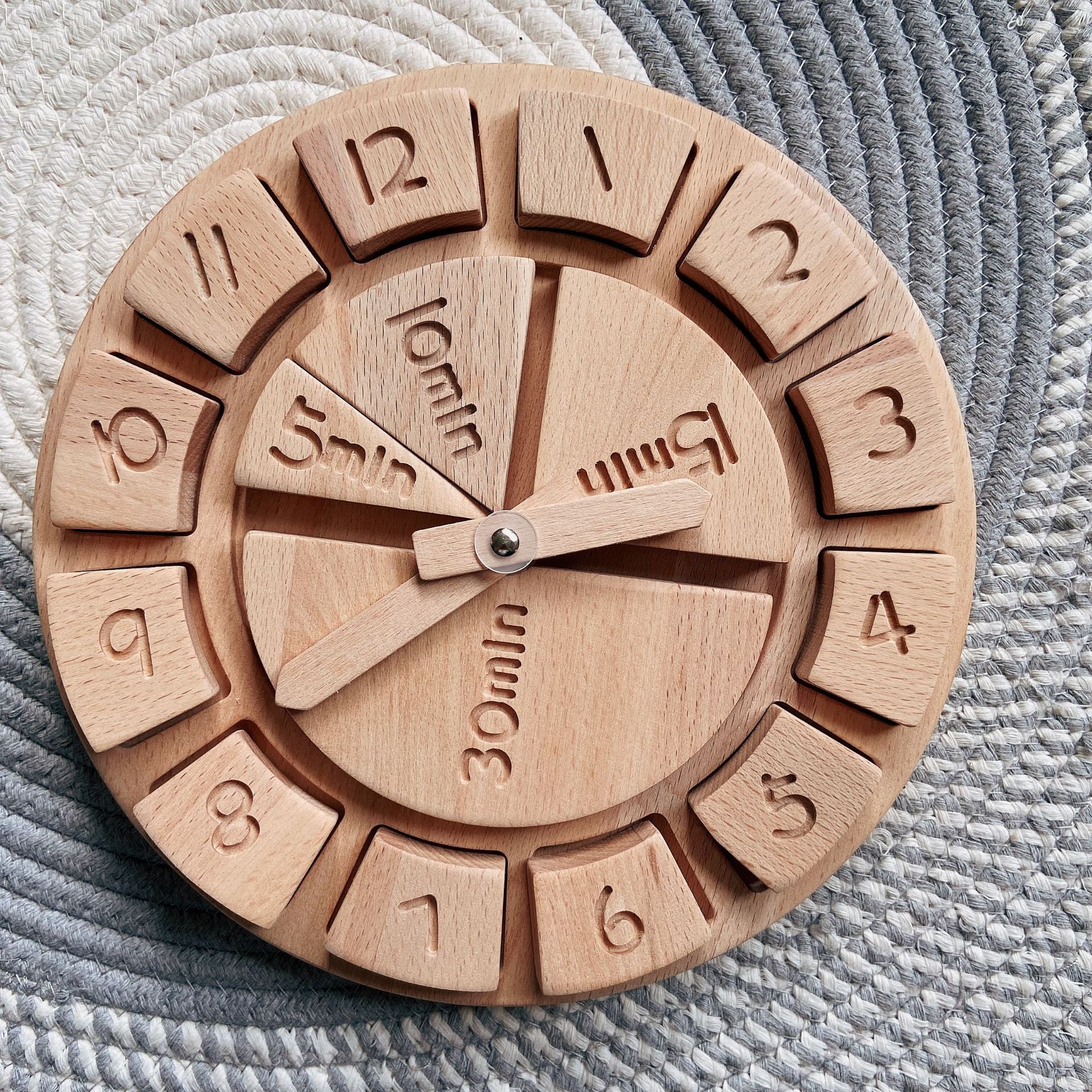 Toy wooden clock- hour/minutes/