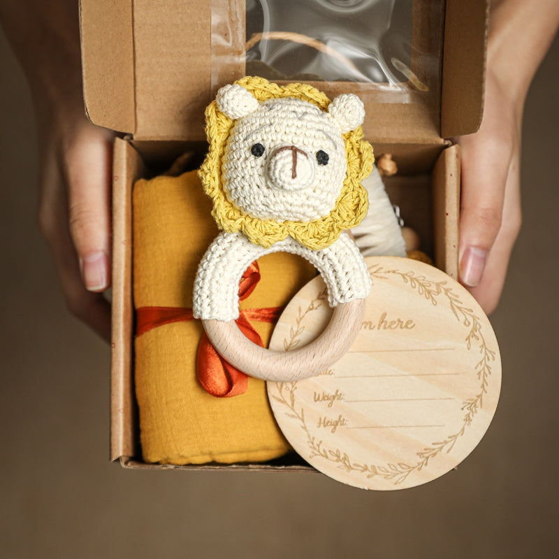 Baby Bath Set Towel Wooden Milestones Rattle Bracelet Crochet Toys