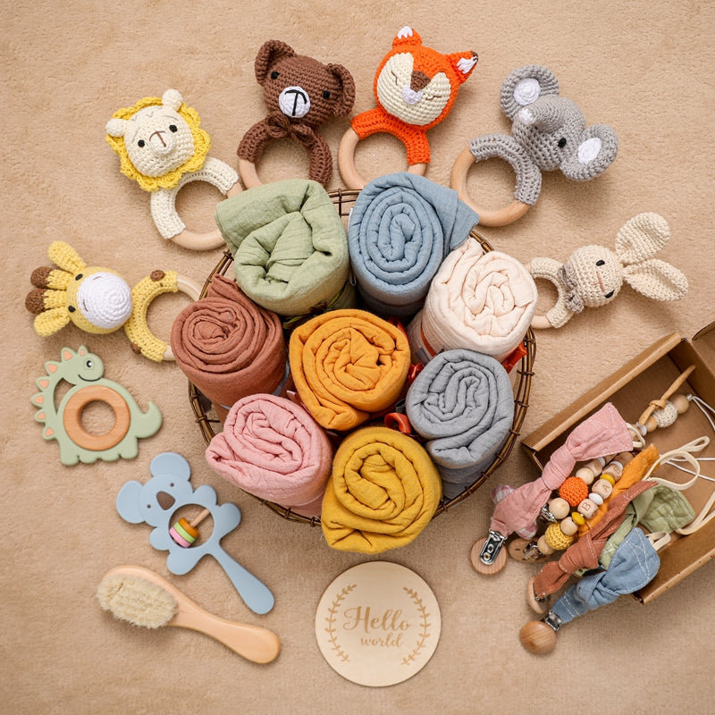 Baby Bath Set Towel Wooden Milestones Rattle Bracelet Crochet Toys