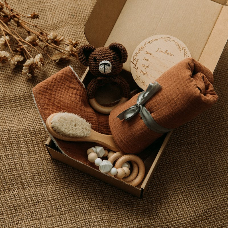 Baby Bath Set Towel Wooden Milestones Rattle Bracelet Crochet Toys