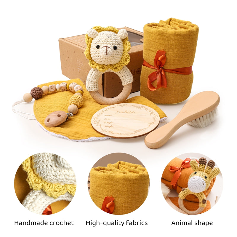 Baby Bath Set Towel Wooden Milestones Rattle Bracelet Crochet Toys