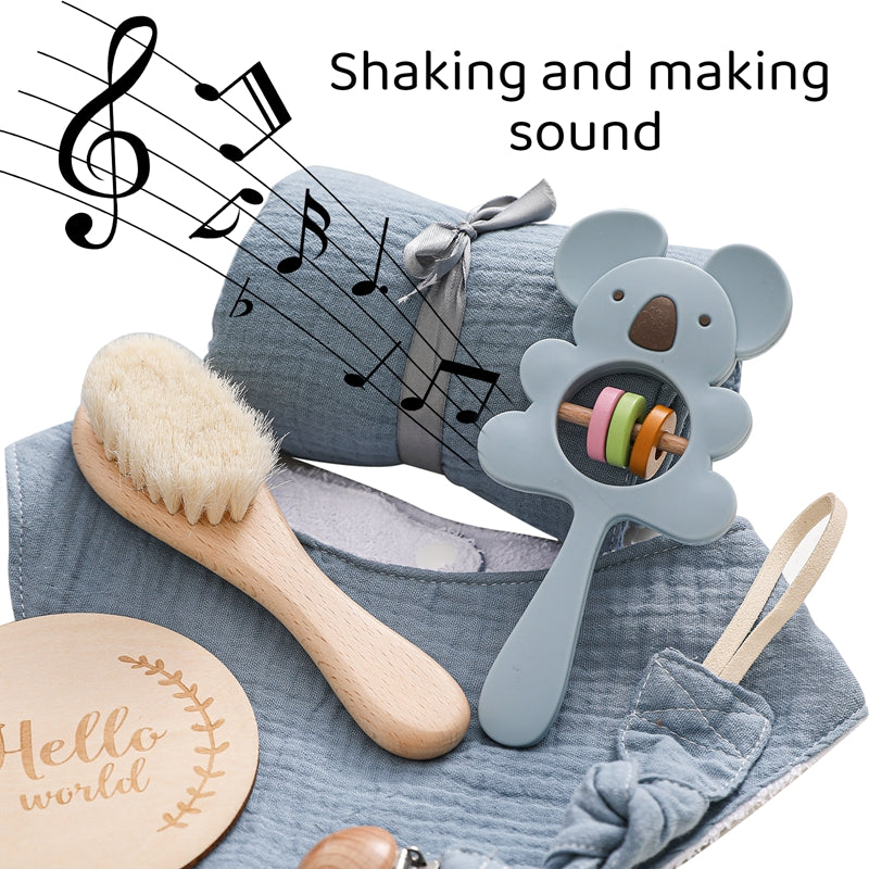 Baby Bath Set Towel Wooden Milestones Rattle Bracelet Crochet Toys