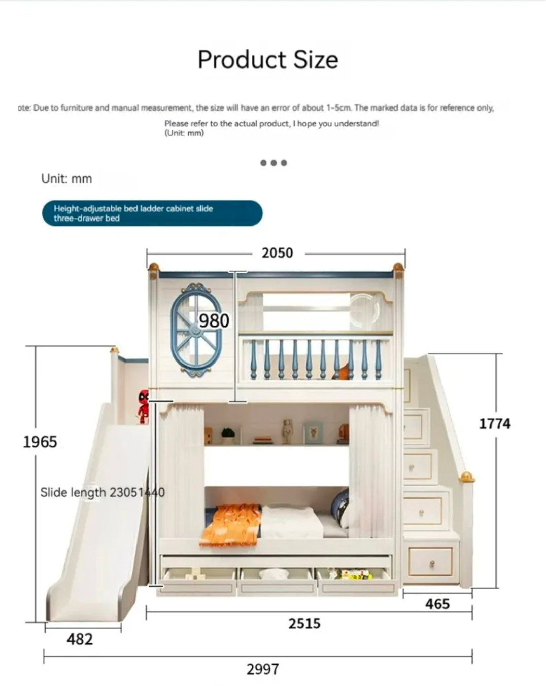 Children's High and Low Bunk Bed Ladder with drawer+Slider with drawer+Bed drawer