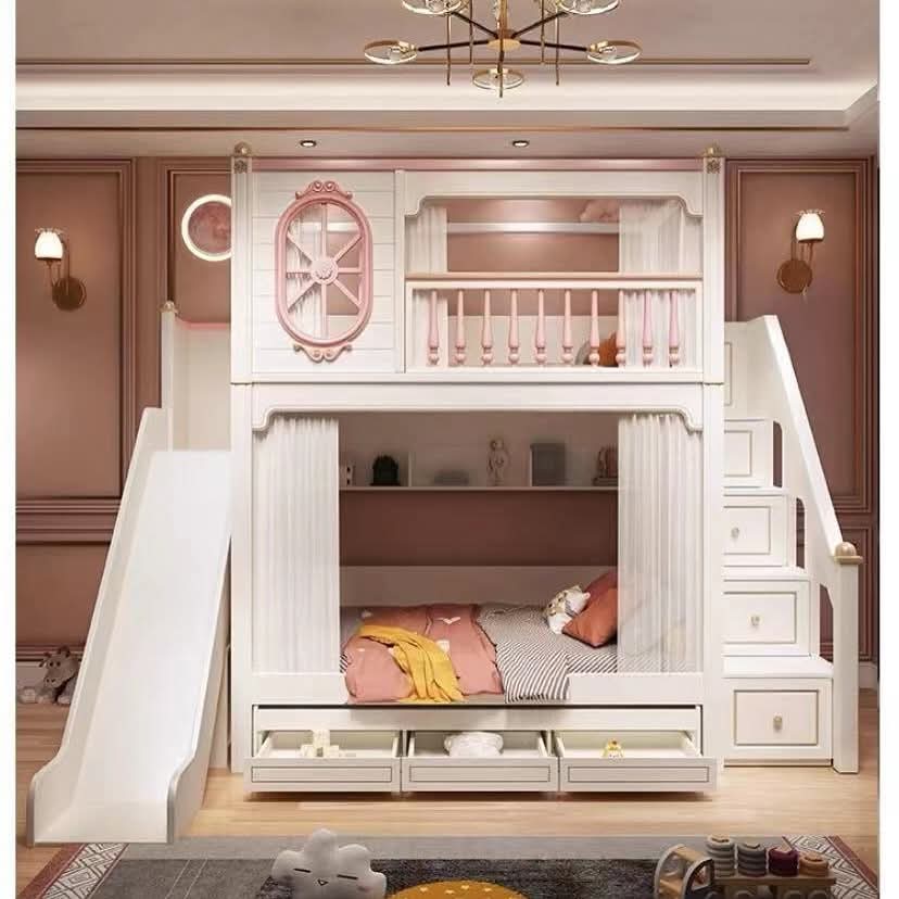 Children's High and Low Bunk Bed Ladder with drawer+Slider with drawer+Bed drawer